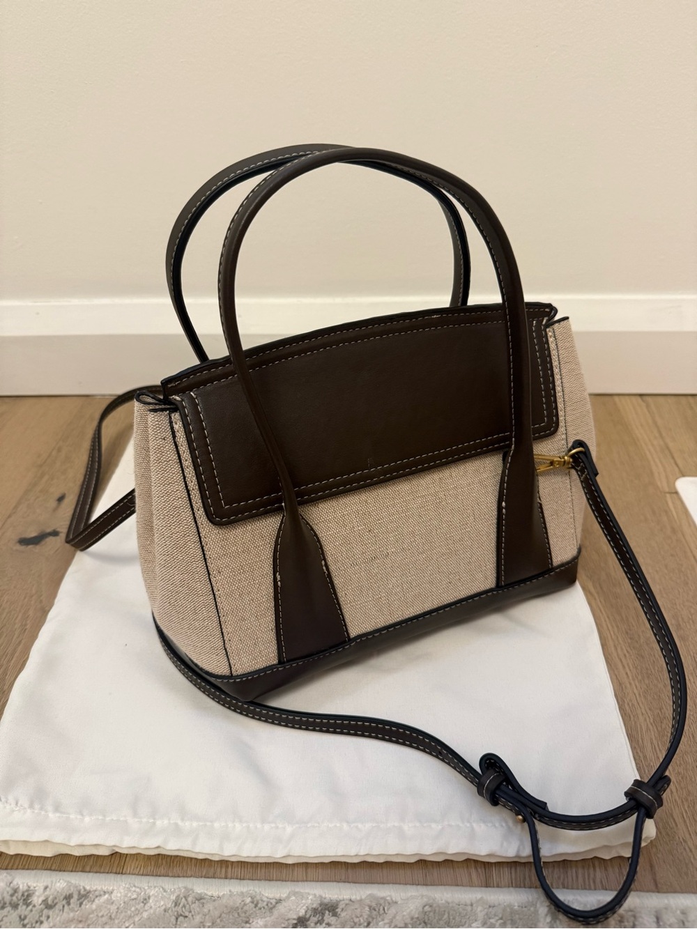 Zara Canvas and Leather Top-Handle Satchel in Beige and Dark Brown